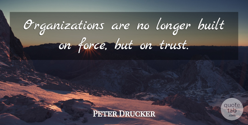 Peter Drucker Quote About Organization, Force, Built: Organizations Are No Longer Built...