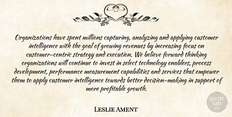 Leslie Ament Quote About Analyzing, Applying, Believe, Continue, Customer: Organizations Have Spent Millions Capturing...