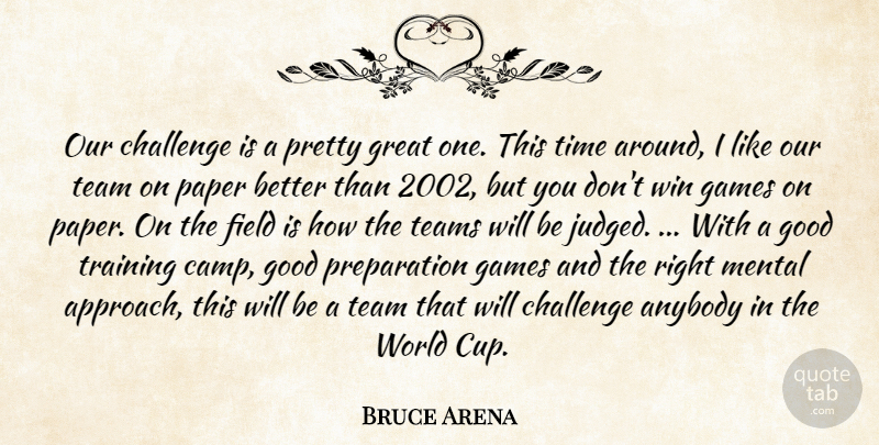 Bruce Arena Quote About Anybody, Challenge, Field, Games, Good: Our Challenge Is A Pretty...