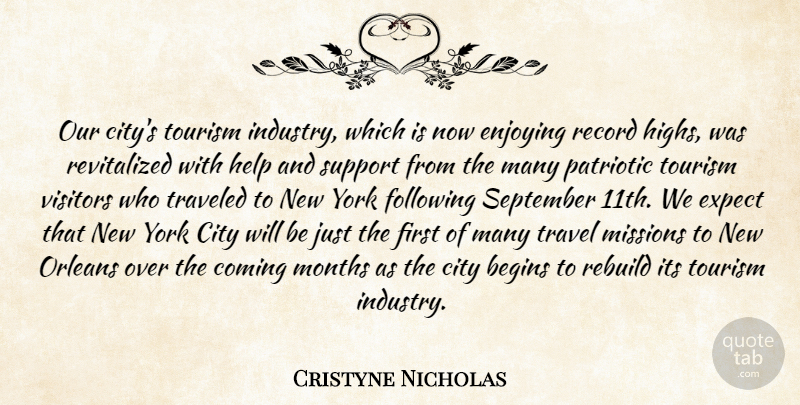 Cristyne Nicholas Quote About Begins, City, Coming, Enjoying, Enjoyment: Our Citys Tourism Industry Which...