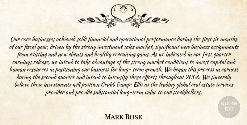 Mark Rose Quote About Achieved, Advantage, Began, Believe, Businesses: Our Core Businesses Achieved Solid...