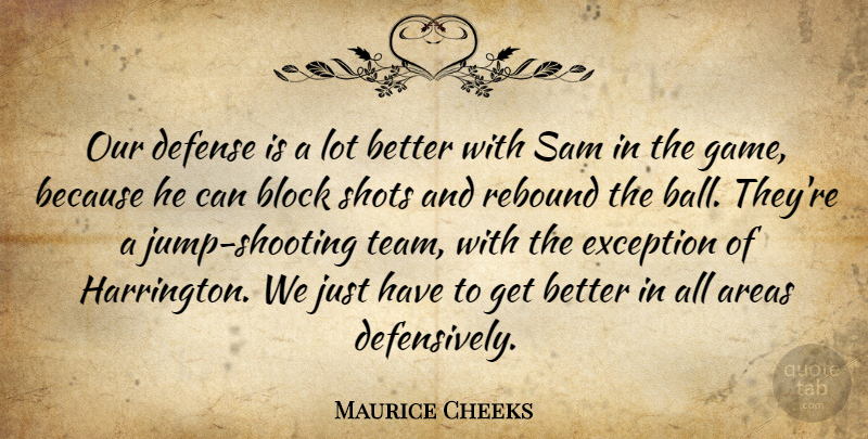 Maurice Cheeks Quote About Areas, Block, Defense, Exception, Rebound: Our Defense Is A Lot...