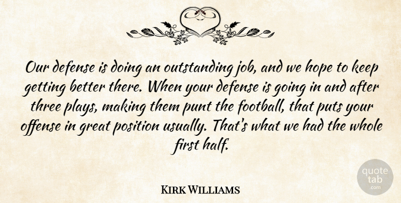 Kirk Williams Quote About Defense, Great, Hope, Offense, Position: Our Defense Is Doing An...