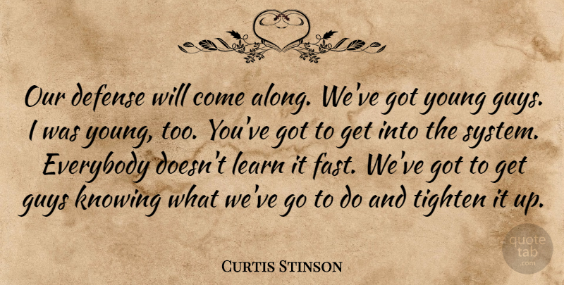 Curtis Stinson Quote About Defense, Everybody, Guys, Knowing, Learn: Our Defense Will Come Along...
