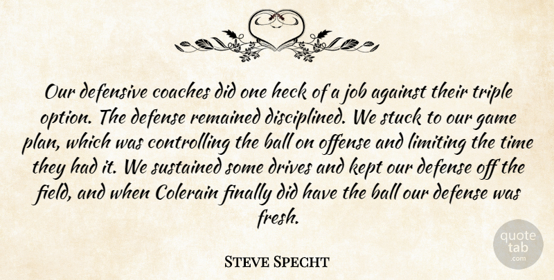 Steve Specht Quote About Against, Ball, Coaches, Defense, Defensive: Our Defensive Coaches Did One...