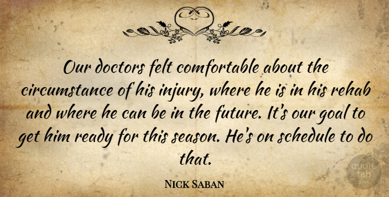 Nick Saban Quote About Circumstance, Doctors, Felt, Goal, Ready: Our Doctors Felt Comfortable About...