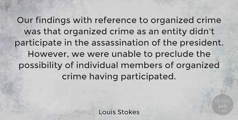 Louis Stokes Quote About Crime, Entity, Individual, Members, Organized: Our Findings With Reference To...