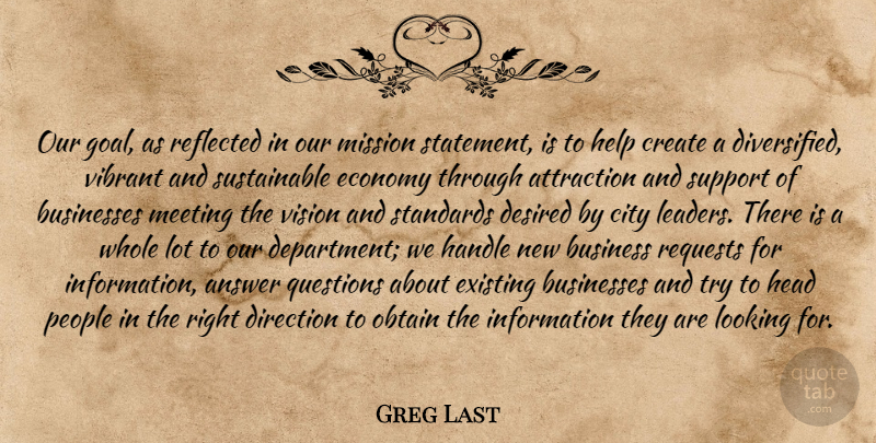 Greg Last Quote About Answer, Attraction, Businesses, City, Create: Our Goal As Reflected In...