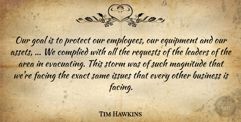 Tim Hawkins Quote About Area, Business, Equipment, Exact, Facing: Our Goal Is To Protect...
