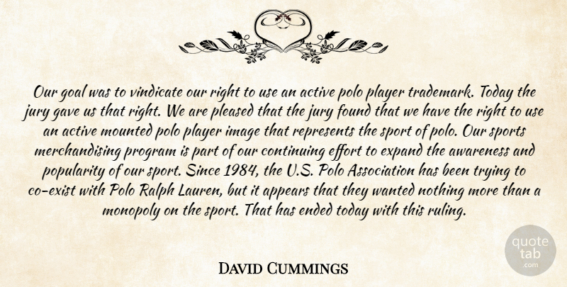 David Cummings Quote About Active, Appears, Awareness, Continuing, Effort: Our Goal Was To Vindicate...