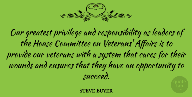 Steve Buyer Quote About Responsibility, Opportunity, Our Veterans: Our Greatest Privilege And Responsibility...