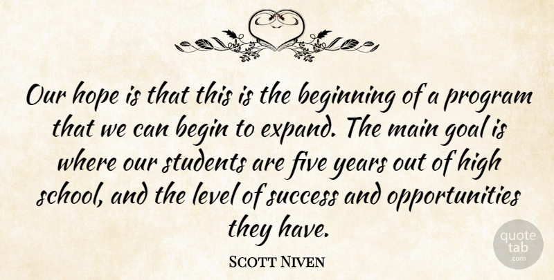 Scott Niven Quote About Beginning, Five, Goal, High, Hope: Our Hope Is That This...