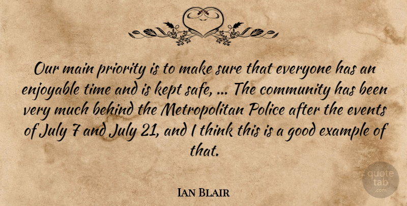 Ian Blair Quote About Behind, Community, Enjoyable, Events, Example: Our Main Priority Is To...