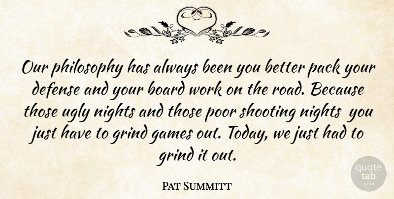 Pat Summitt Quote About Board, Defense, Games, Grind, Nights: Our Philosophy Has Always Been...