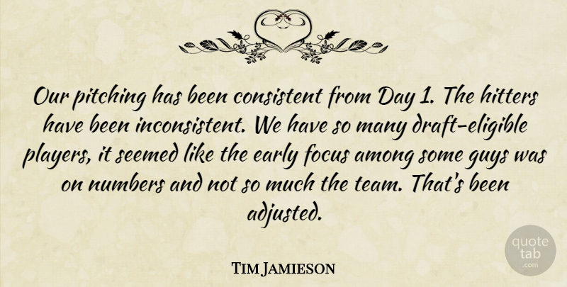 Tim Jamieson Quote About Among, Consistent, Early, Focus, Guys: Our Pitching Has Been Consistent...