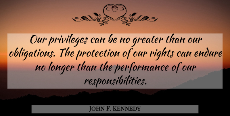 John F. Kennedy Quote About Responsibility, Rights, Justice: Our Privileges Can Be No...