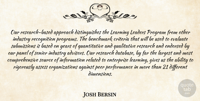 Josh Bersin Quote About Ability, Against, Approach, Assess, Based: Our Research Based Approach Distinguishes...