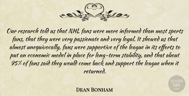 Dean Bonham Quote About Almost, Economic, Efforts, Fans, Informed: Our Research Told Us That...
