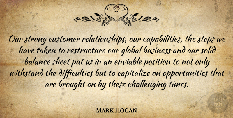 Mark Hogan Quote About Balance, Brought, Business, Capitalize, Customer: Our Strong Customer Relationships Our...