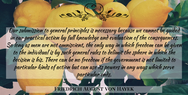 Friedrich August von Hayek Quote About Freedom, Men, Long: Our Submission To General Principles...