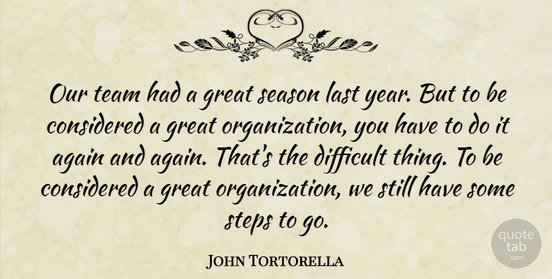 John Tortorella Quote About Again, Considered, Difficult, Great, Last: Our Team Had A Great...