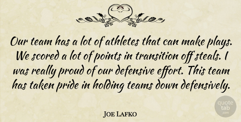 Joe Lafko Quote About Athletes, Defensive, Holding, Points, Pride: Our Team Has A Lot...