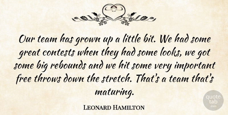 Leonard Hamilton Quote About Contests, Free, Great, Grown, Hit: Our Team Has Grown Up...