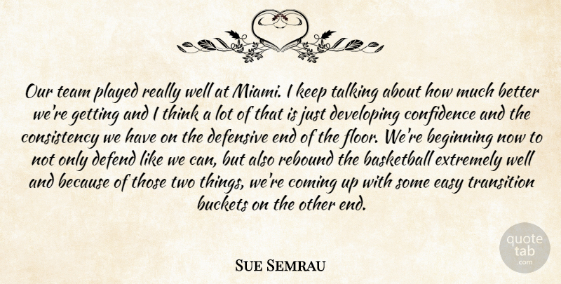 Sue Semrau Quote About Basketball, Beginning, Coming, Confidence, Consistency: Our Team Played Really Well...