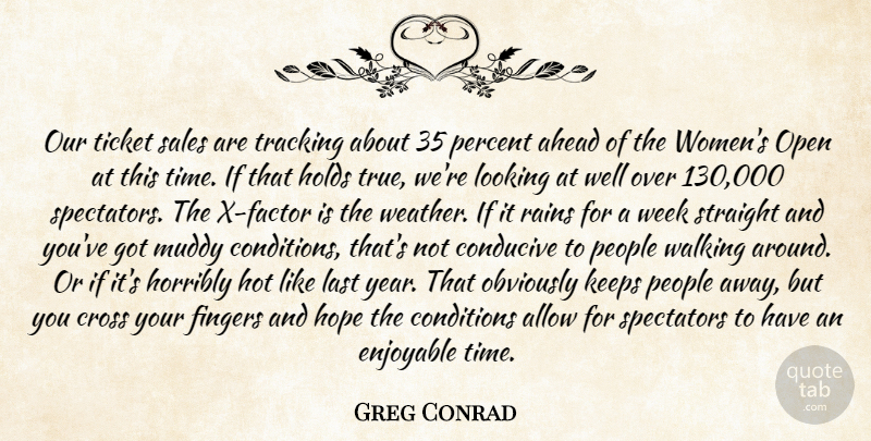 Greg Conrad Quote About Ahead, Allow, Conditions, Conducive, Cross: Our Ticket Sales Are Tracking...