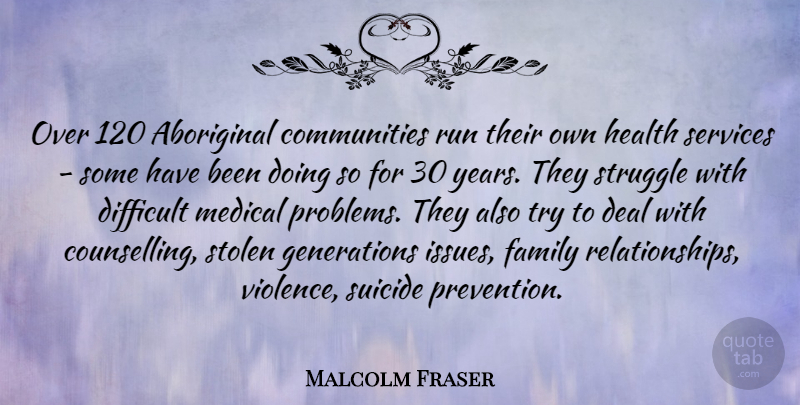 Malcolm Fraser Quote About Suicide, Running, Struggle: Over 120 Aboriginal Communities Run...