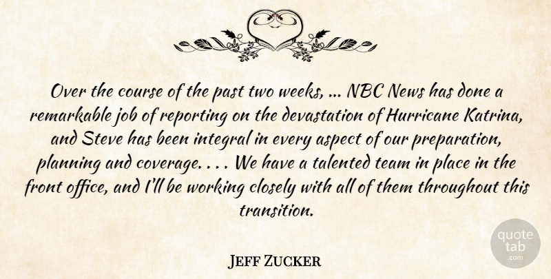 Jeff Zucker Quote About Aspect, Closely, Course, Front, Hurricane: Over The Course Of The...