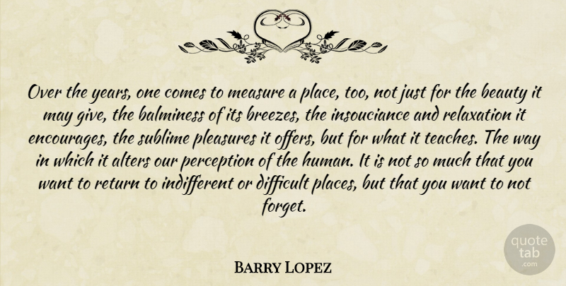 Barry Lopez Quote About Years, Giving, Sublime: Over The Years One Comes...