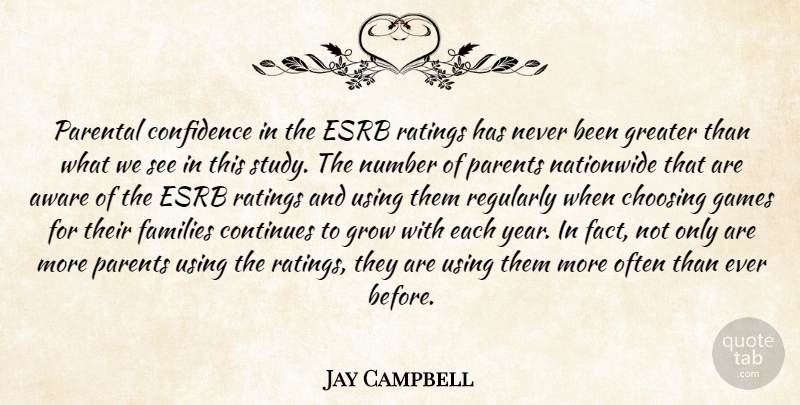 Jay Campbell Quote About Aware, Choosing, Confidence, Continues, Families: Parental Confidence In The Esrb...