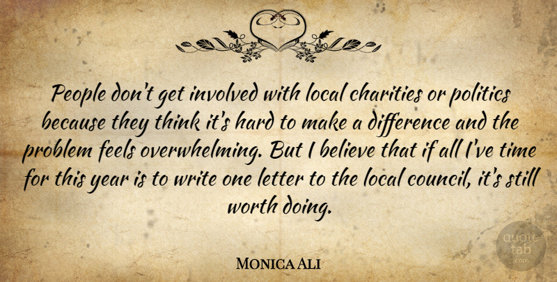 Monica Ali Quote About Believe, Charities, Difference, Feels, Hard: People Dont Get Involved With...