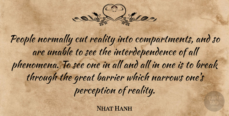 Nhat Hanh Quote About Cutting, Reality, Break Through: People Normally Cut Reality Into...