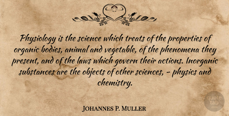 Johannes P. Muller Quote About Govern, Inorganic, Laws, Objects, Organic: Physiology Is The Science Which...