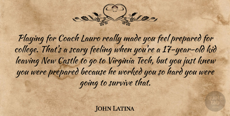John Latina Quote About Castle, Coach, College, Feeling, Hard: Playing For Coach Lauro Really...