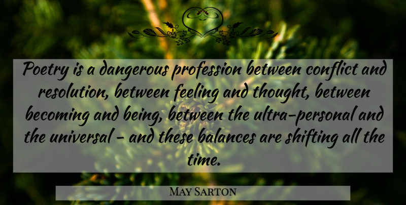 May Sarton Quote About Feelings, Balance, Shifting: Poetry Is A Dangerous Profession...