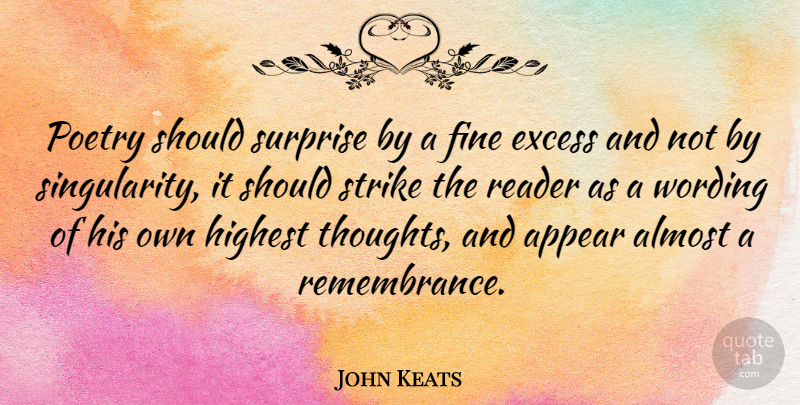 John Keats Quote About Inspirational, Reading Poetry, Remembrance: Poetry Should Surprise By A...