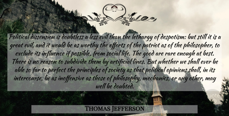 Thomas Jefferson Quote About Philosophy, Political Opinions, Evil: Political Dissension Is Doubtless A...