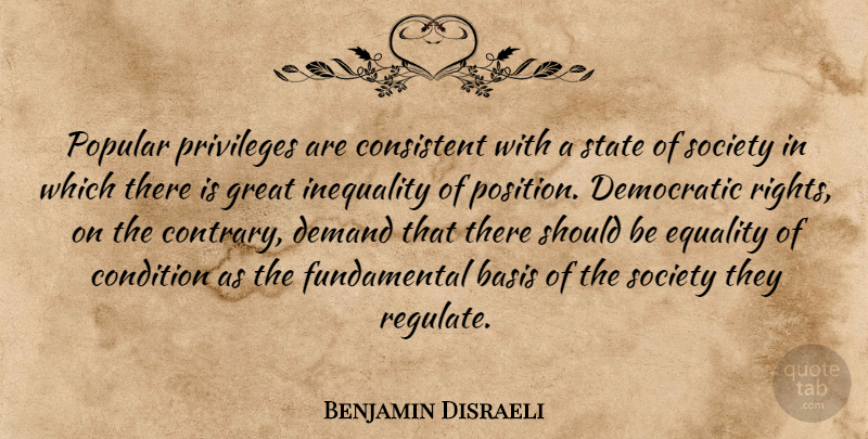 Benjamin Disraeli Quote About Rights, Society, Fundamentals: Popular Privileges Are Consistent With...