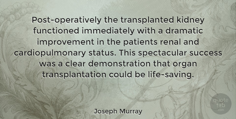 Joseph Murray Quote About Saving, Kidneys, Patient: Post Operatively The Transplanted Kidney...