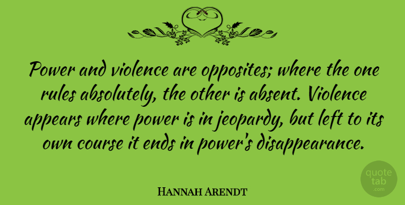 Hannah Arendt Quote About Peace, Power, Opposites: Power And Violence Are Opposites...