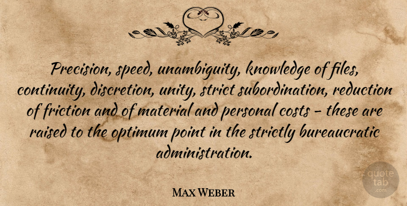 Max Weber Quote About Unity, Cost, Administration: Precision Speed Unambiguity Knowledge Of...