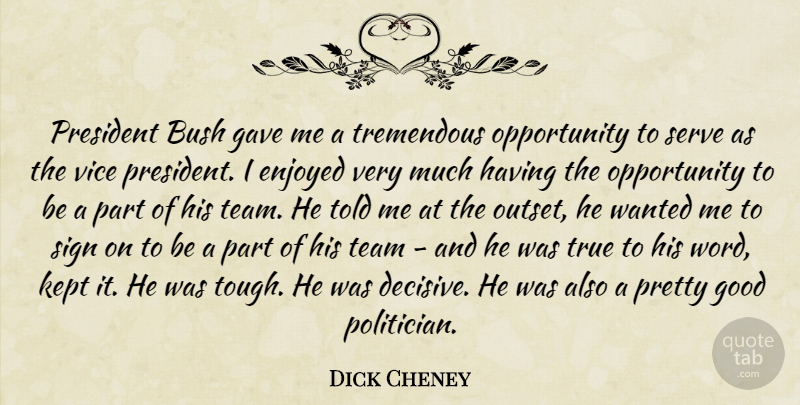 Dick Cheney Quote About Team, Opportunity, President: President Bush Gave Me A...