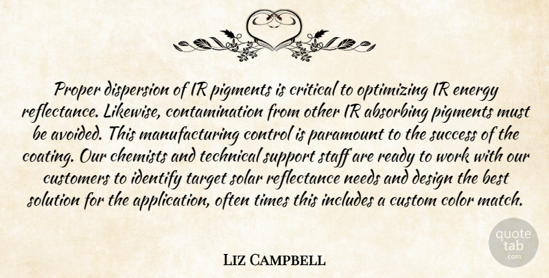 Liz Campbell Quote About Best, Color, Control, Critical, Customers: Proper Dispersion Of Ir Pigments...