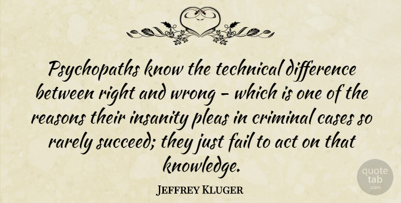 Jeffrey Kluger Quote About Differences, Insanity, Succeed: Psychopaths Know The Technical Difference...