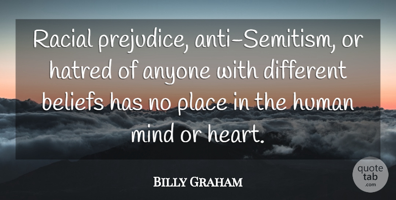 Billy Graham Quote About Anyone, Beliefs, Hatred, Human, Mind: Racial Prejudice Anti Semitism Or...
