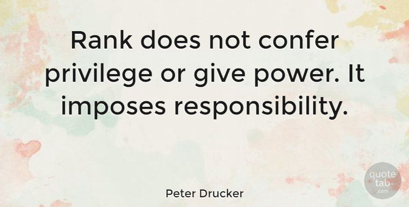 Peter Drucker Quote About Leadership, Wise, Responsibility: Rank Does Not Confer Privilege...