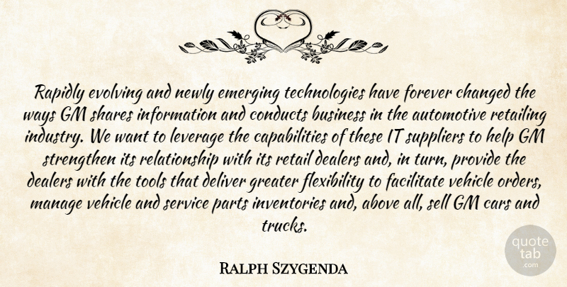 Ralph Szygenda Quote About Above, Business, Cars, Changed, Deliver: Rapidly Evolving And Newly Emerging...